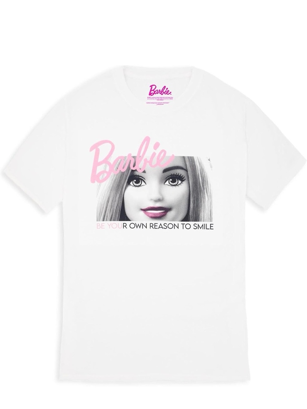 Barbie White Tee with Pink Script Logo and Doll Graphic size M oversized